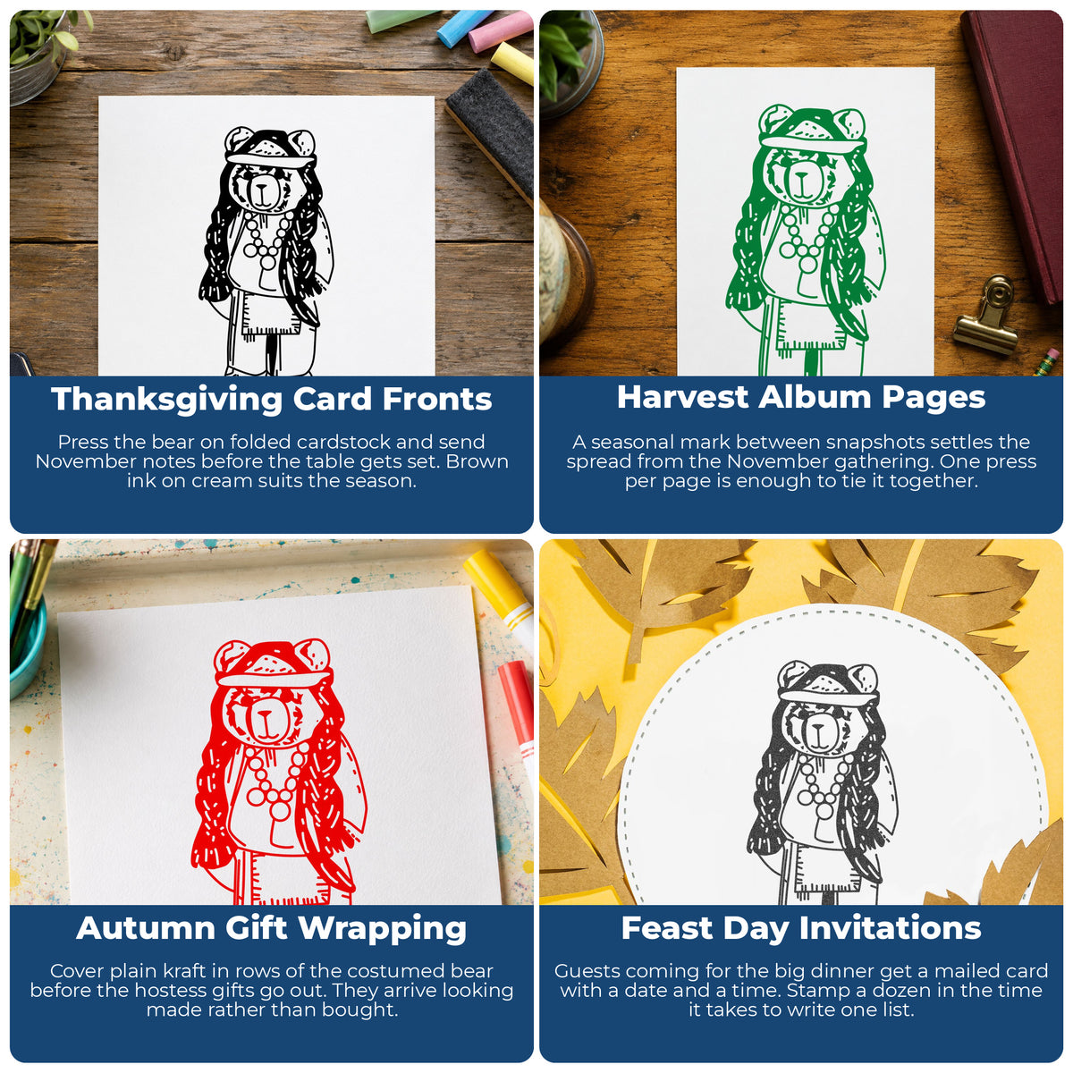 Bear in Native American Costume Rubber Stamp project ideas: Thanksgiving Card Fronts, Harvest Album Pages, Autumn Gift Wrapping and Feast Day Invitations.
