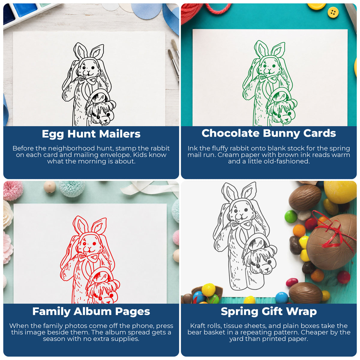 Bunny with Bear Shaped Basket Rubber Stamp project ideas: Egg Hunt Mailers, Chocolate Bunny Cards, Family Album Pages and Spring Gift Wrap.