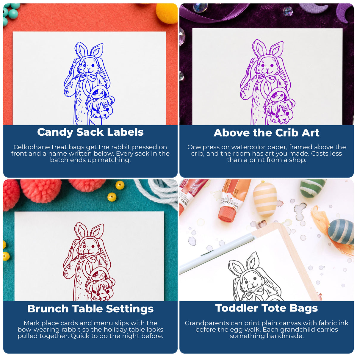 Bunny with Bear Shaped Basket Rubber Stamp project ideas: Candy Sack Labels, Above the Crib Art, Brunch Table Settings and Toddler Tote Bags.