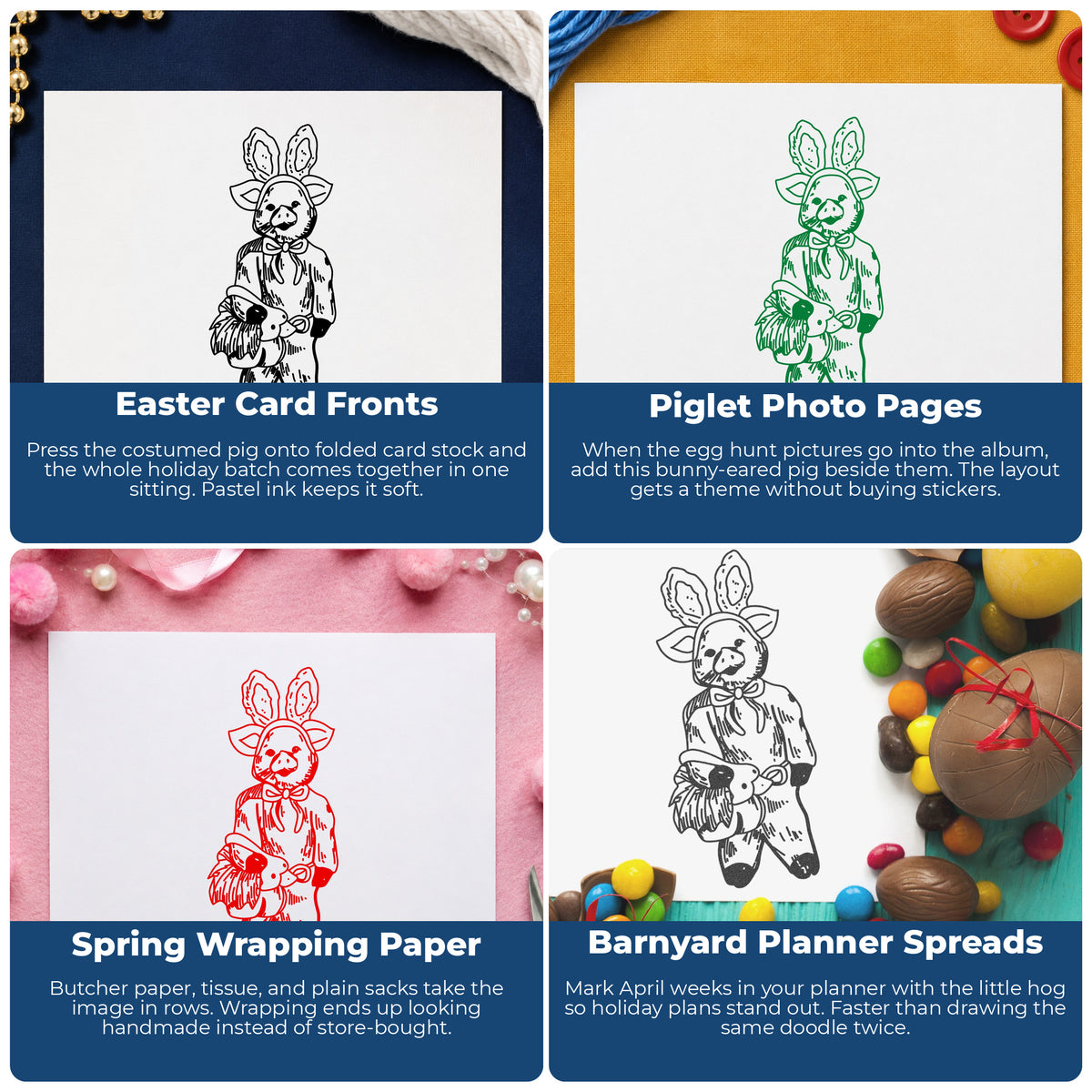 Pig in Bunny Costume with Basket Rubber Stamp project ideas: Easter Card Fronts, Piglet Photo Pages, Spring Wrapping Paper and Barnyard Planner Spreads.