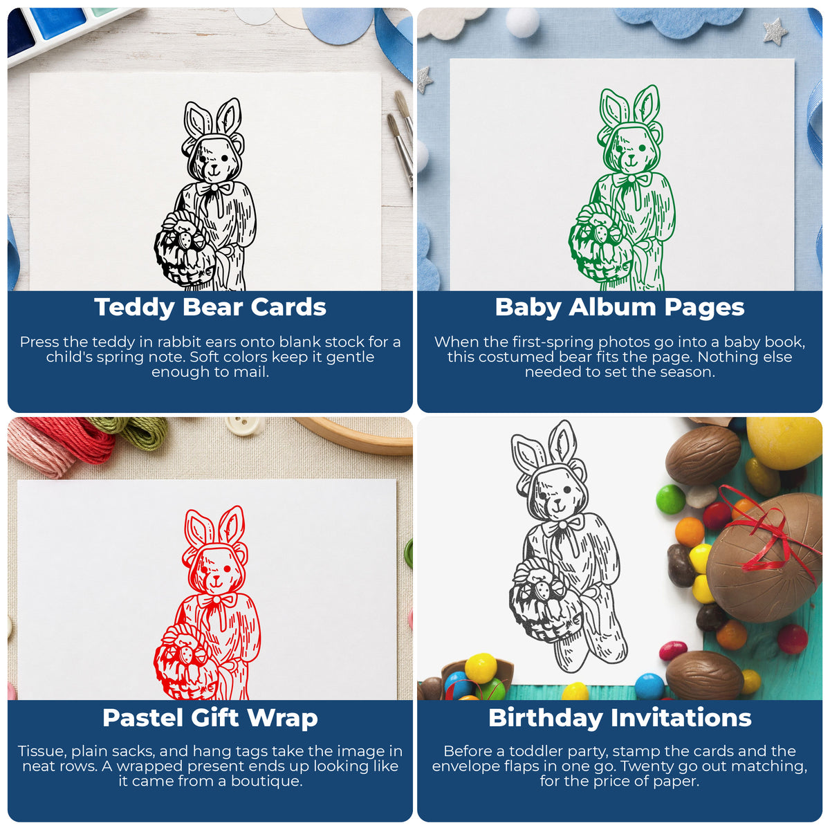 Bear in Bunny Costume with Basket Rubber Stamp project ideas: Teddy Bear Cards, Baby Album Pages, Pastel Gift Wrap and Birthday Invitations.