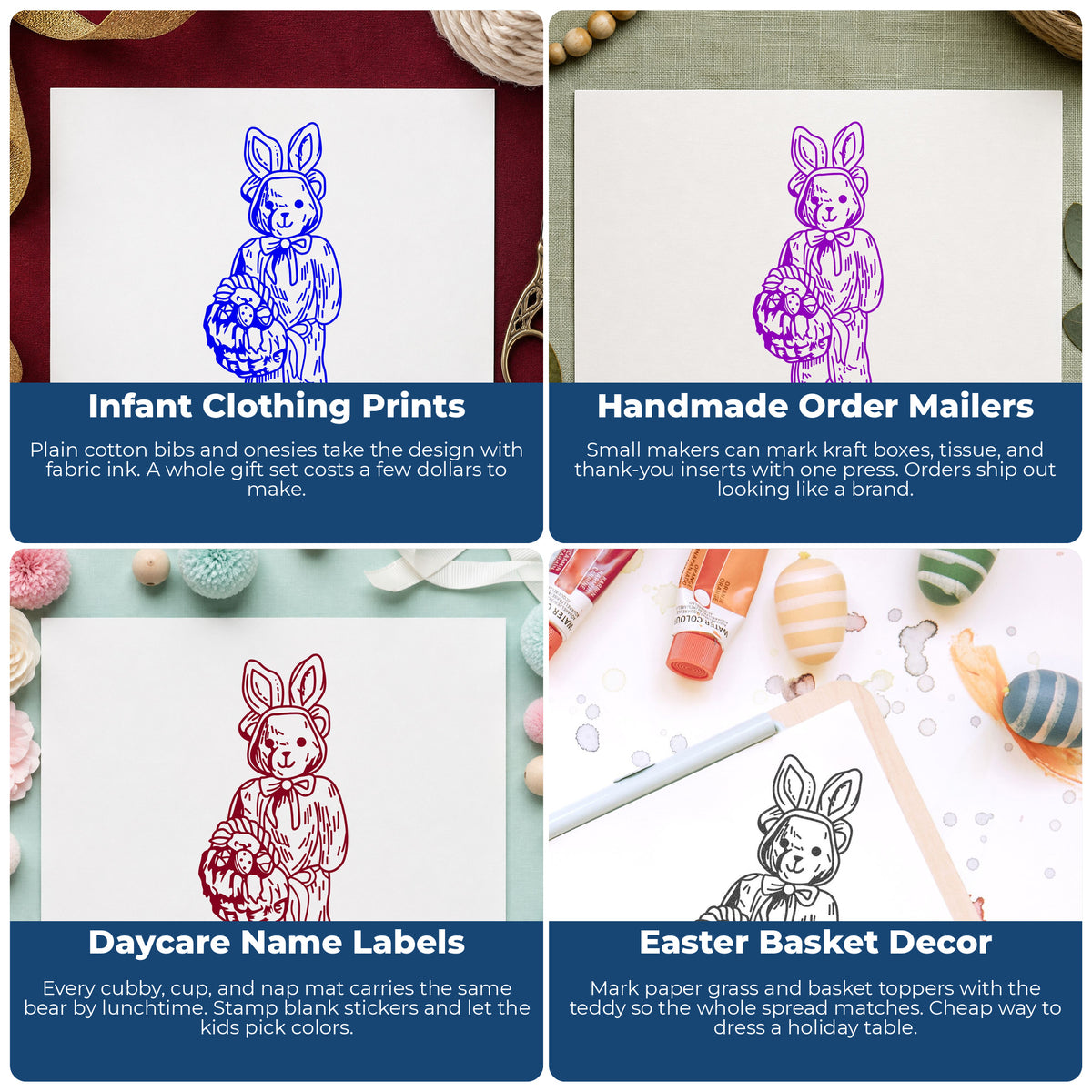 Bear in Bunny Costume with Basket Rubber Stamp project ideas: Infant Clothing Prints, Handmade Order Mailers, Daycare Name Labels and Easter Basket Decor.