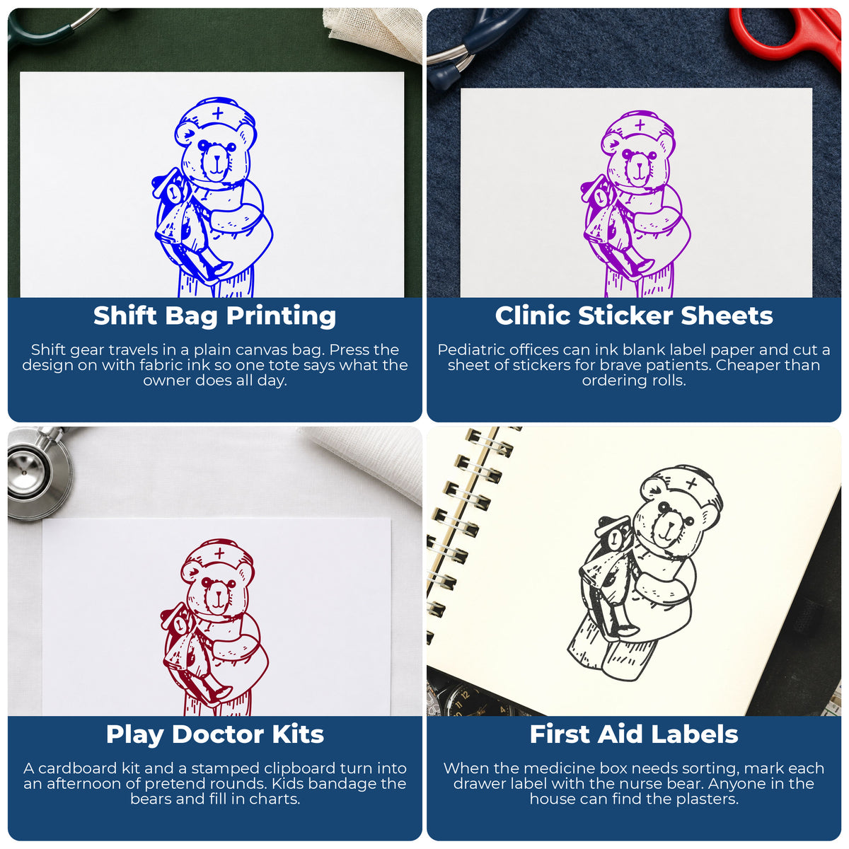 Nurse Bear Holding Teddy Rubber Stamp project ideas: Shift Bag Printing, Clinic Sticker Sheets, Play Doctor Kits and First Aid Labels.