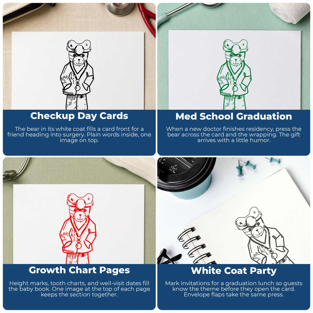 Doctor Bear in Scrubs Rubber Stamp project ideas: Checkup Day Cards, Med School Graduation, Growth Chart Pages and White Coat Party.