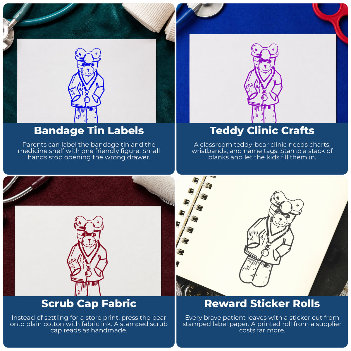 Doctor Bear in Scrubs Rubber Stamp project ideas: Bandage Tin Labels, Teddy Clinic Crafts, Scrub Cap Fabric and Reward Sticker Rolls.