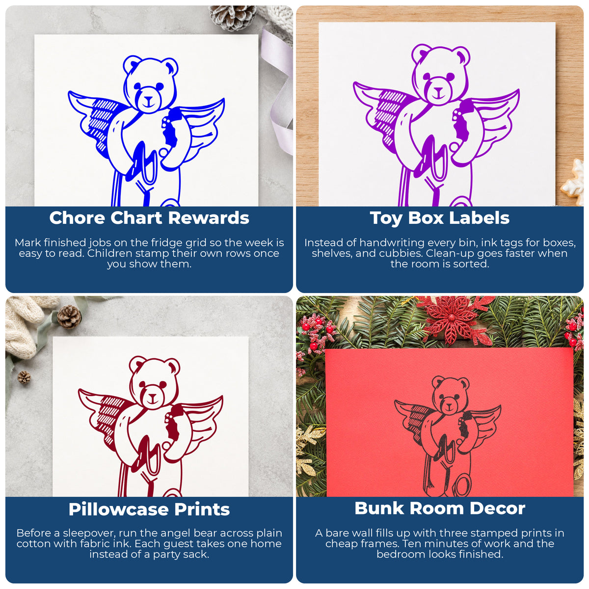 Angel Bear with Slingshot Rubber Stamp project ideas: Chore Chart Rewards, Toy Box Labels, Pillowcase Prints and Bunk Room Decor.