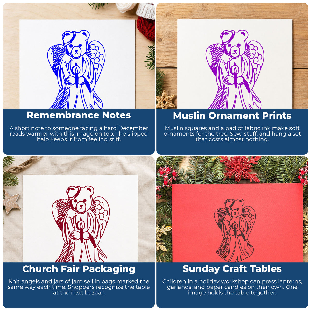 Angel Bear with Slipped Halo Rubber Stamp project ideas: Remembrance Notes, Muslin Ornament Prints, Church Fair Packaging and Sunday Craft Tables.