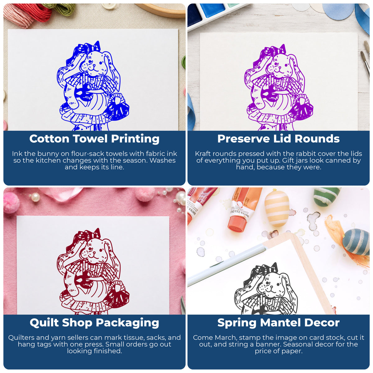 Country Bunny with Basket Rubber Stamp project ideas: Cotton Towel Printing, Preserve Lid Rounds, Quilt Shop Packaging and Spring Mantel Decor.