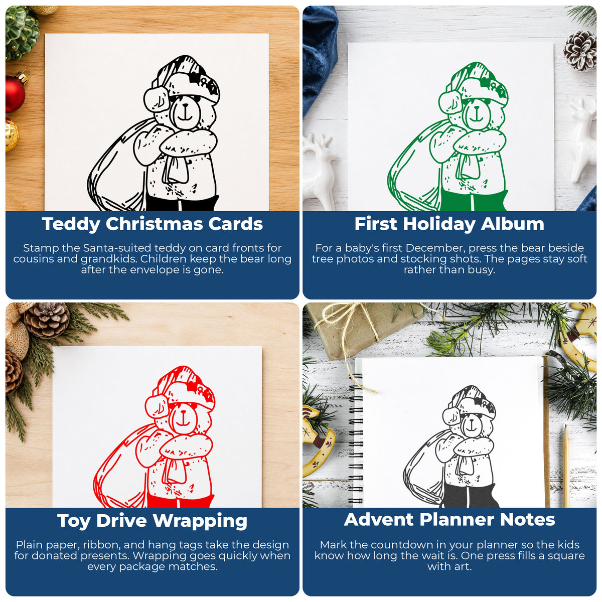 Santa Bear with Gift Bag Rubber Stamp project ideas: Teddy Christmas Cards, First Holiday Album, Toy Drive Wrapping and Advent Planner Notes.