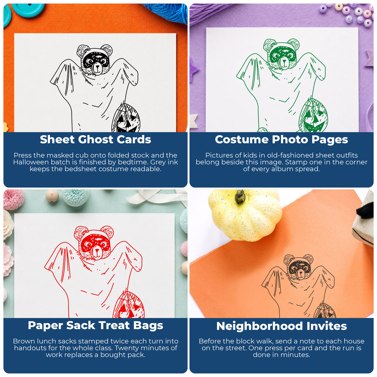 Bear in Ghost Costume Rubber Stamp project ideas: Sheet Ghost Cards, Costume Photo Pages, Paper Sack Treat Bags and Neighborhood Invites.