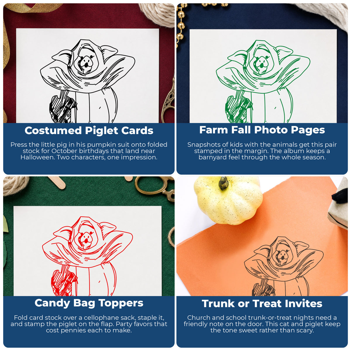 Pumpkin Costume Pig and Black Cat Rubber Stamp project ideas: Costumed Piglet Cards, Farm Fall Photo Pages, Candy Bag Toppers and Trunk or Treat Invites.
