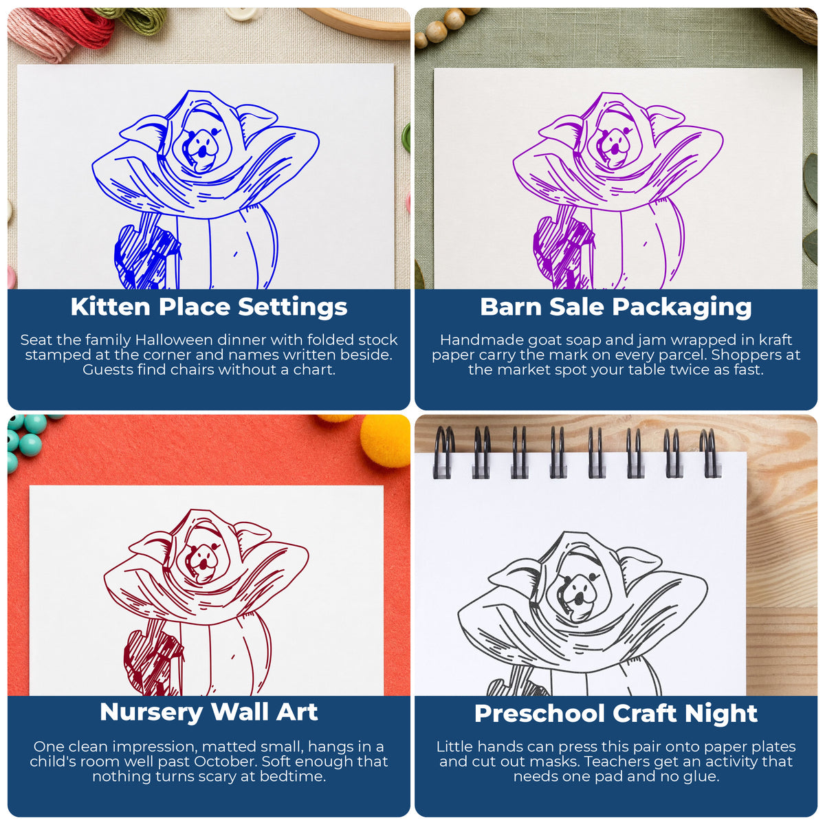 Pumpkin Costume Pig and Black Cat Rubber Stamp project ideas: Kitten Place Settings, Barn Sale Packaging, Nursery Wall Art and Preschool Craft Night.