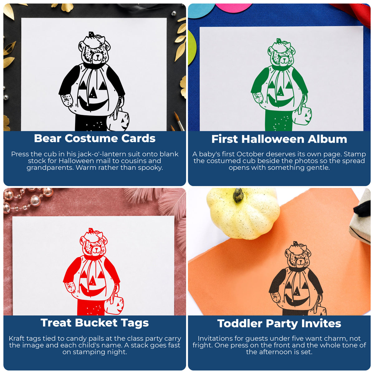 Pumpkin Costume Bear Halloween Rubber Stamp project ideas: Bear Costume Cards, First Halloween Album, Treat Bucket Tags and Toddler Party Invites.