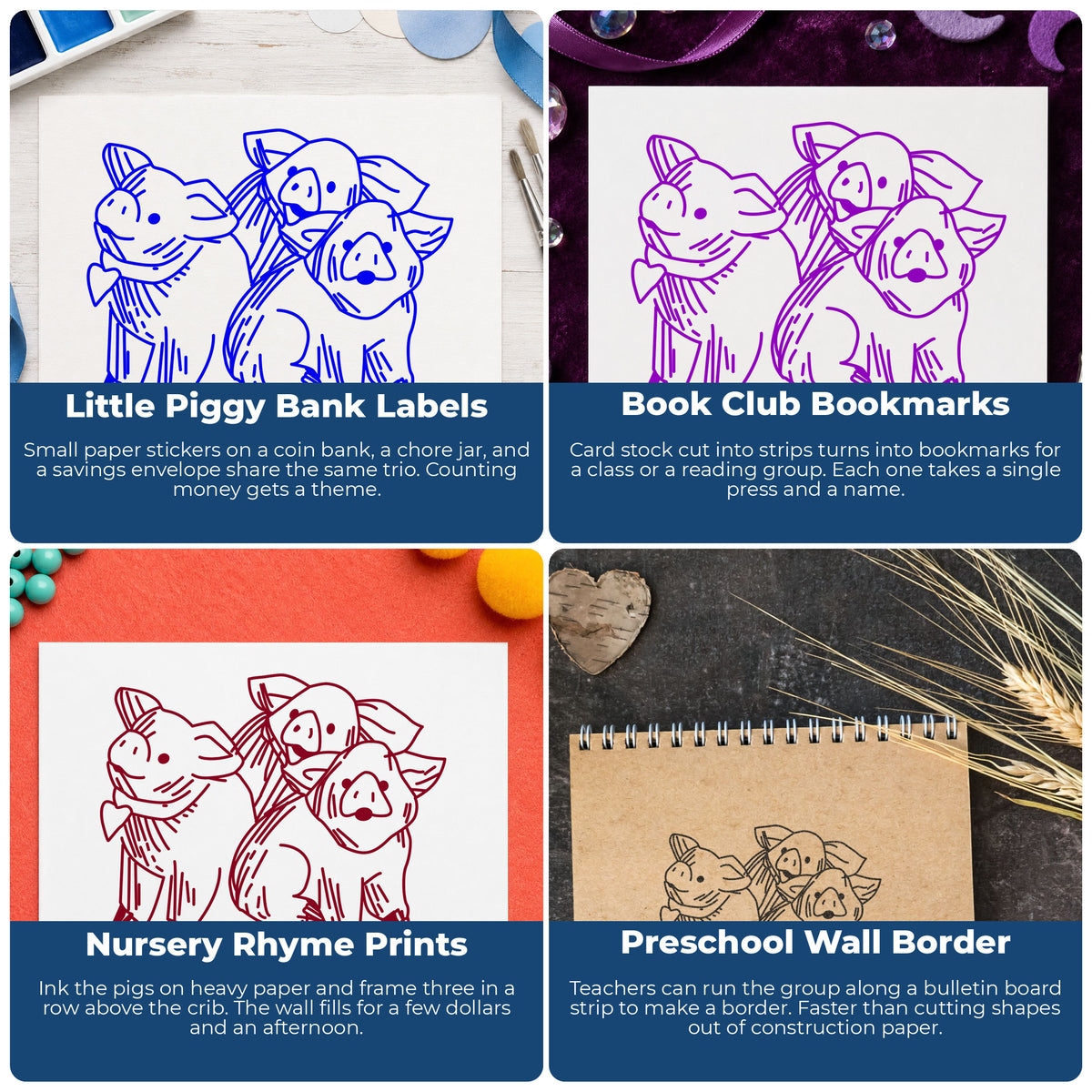 Three Pigs Rubber Stamp project ideas: Little Piggy Bank Labels, Book Club Bookmarks, Nursery Rhyme Prints and Preschool Wall Border.