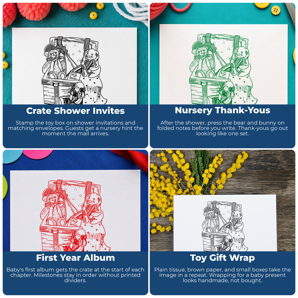 Toy Box with Bear and Bunny Rubber Stamp project ideas: Crate Shower Invites, Nursery Thank-Yous, First Year Album and Toy Gift Wrap.