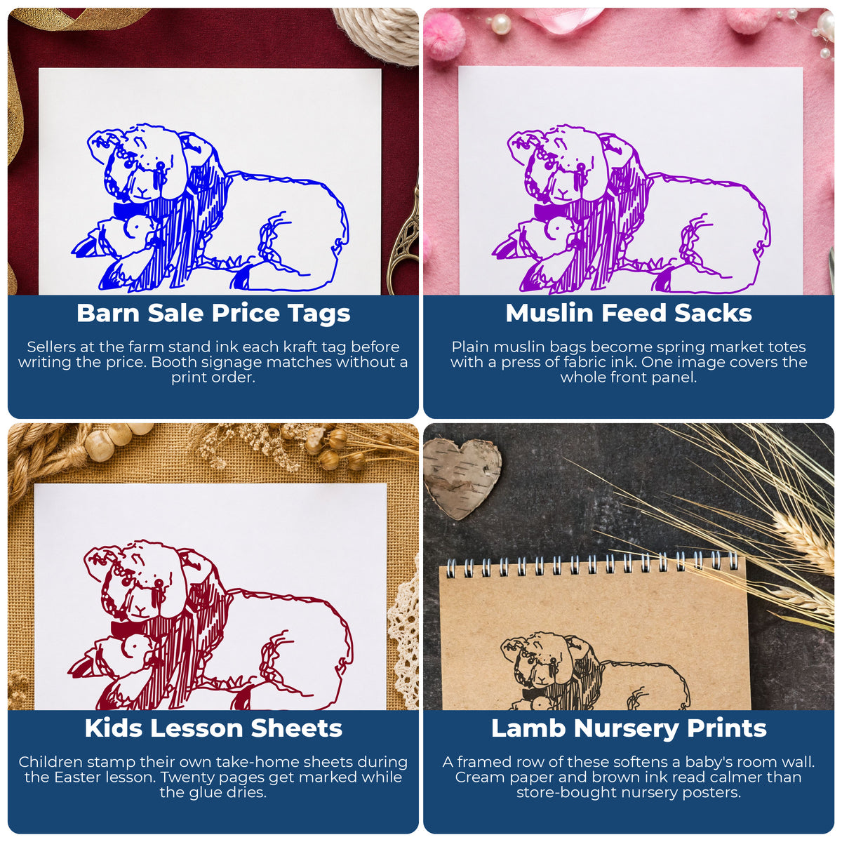 Lamb and Chicken Rubber Stamp project ideas: Barn Sale Price Tags, Muslin Feed Sacks, Kids Lesson Sheets and Lamb Nursery Prints.