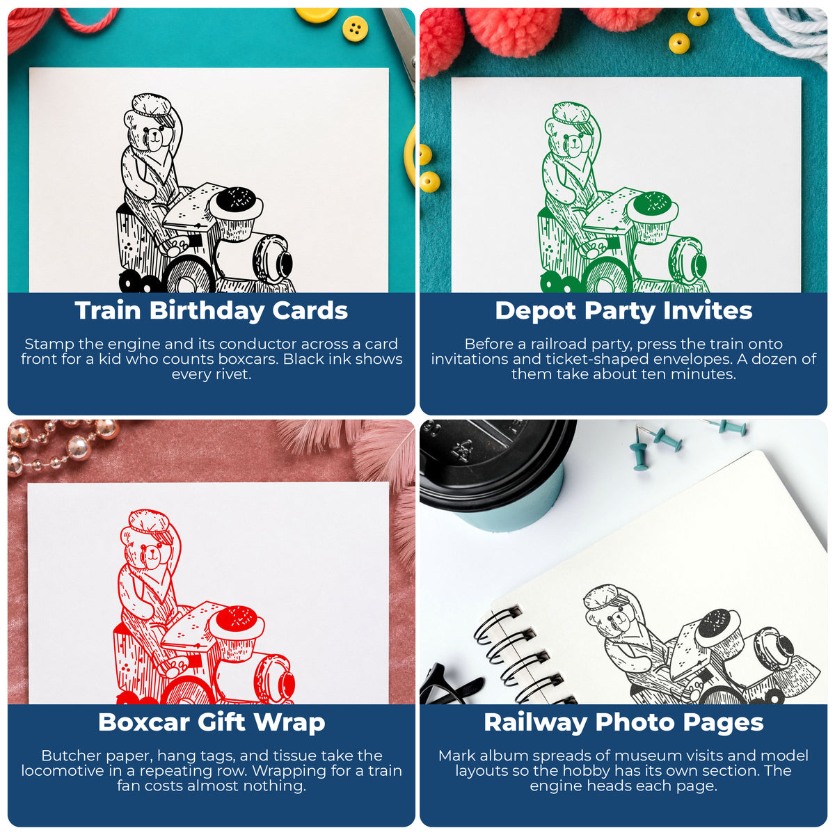 Train Engineer Bear Rubber Stamp project ideas: Train Birthday Cards, Depot Party Invites, Boxcar Gift Wrap and Railway Photo Pages.