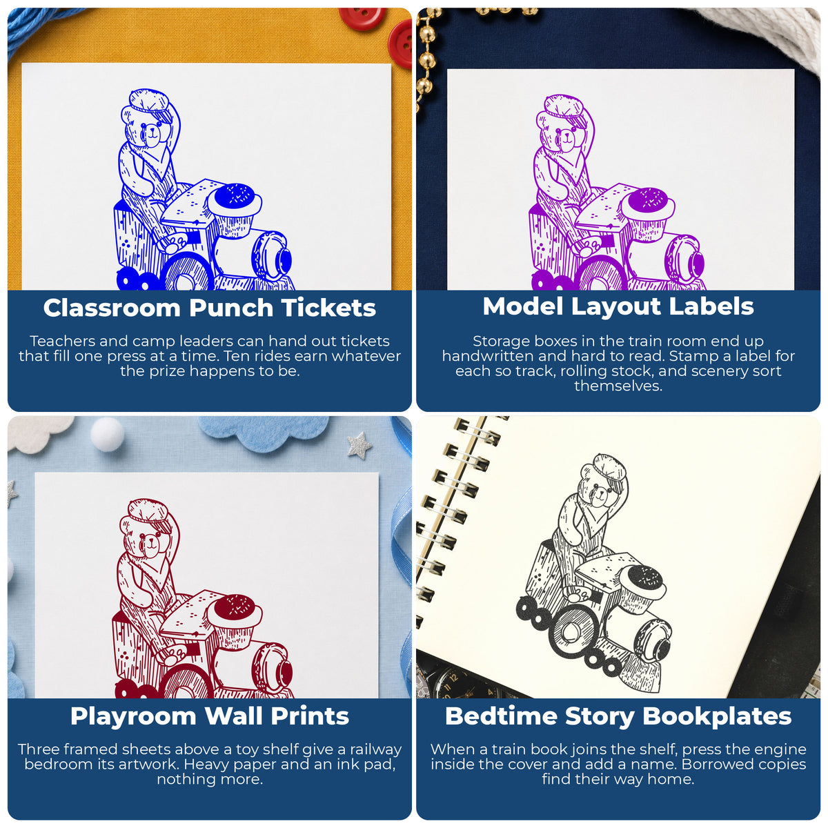 Train Engineer Bear Rubber Stamp project ideas: Classroom Punch Tickets, Model Layout Labels, Playroom Wall Prints and Bedtime Story Bookplates.