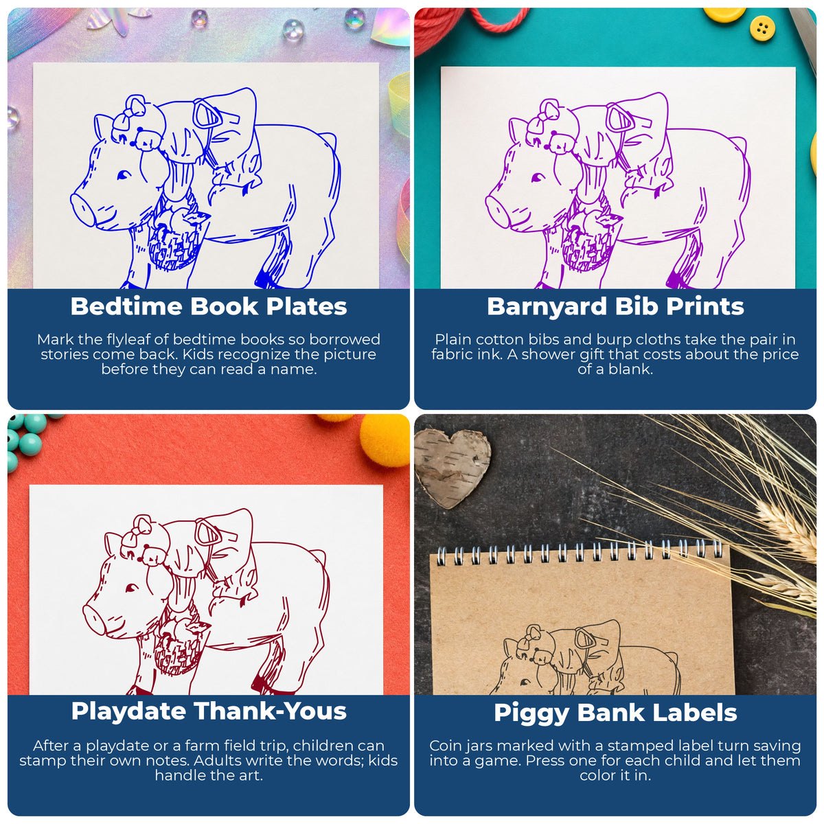 Teddy Bear Riding Pig Rubber Stamp project ideas: Bedtime Book Plates, Barnyard Bib Prints, Playdate Thank-Yous and Piggy Bank Labels.