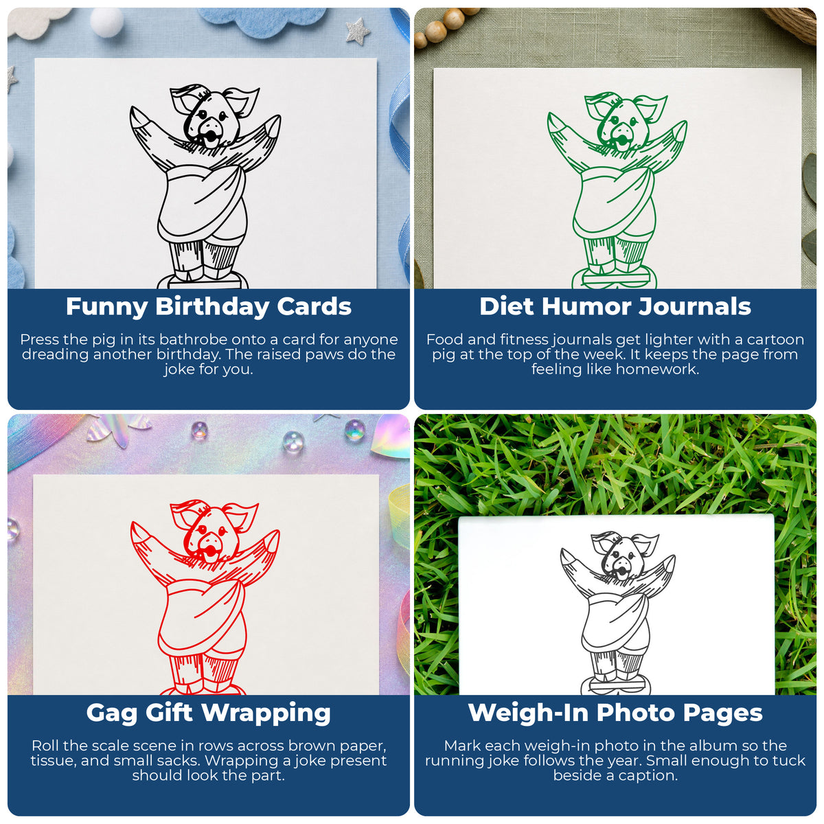 Pig on Bathroom Scales Rubber Stamp project ideas: Funny Birthday Cards, Diet Humor Journals, Gag Gift Wrapping and Weigh-In Photo Pages.