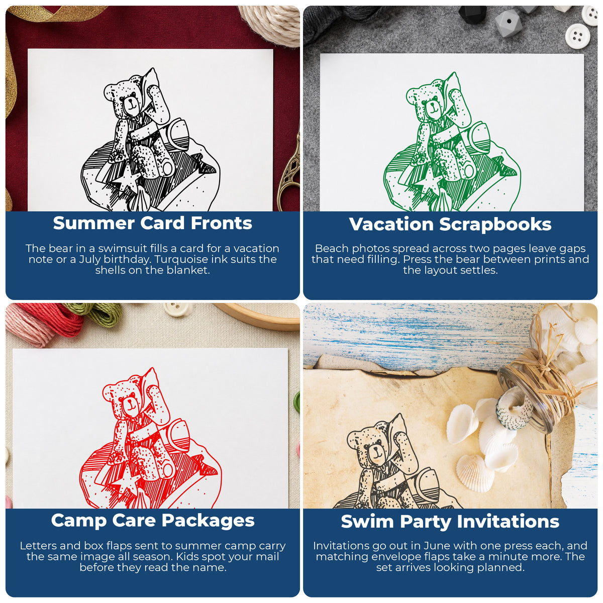 Beach Bear on Blanket Rubber Stamp project ideas: Summer Card Fronts, Vacation Scrapbooks, Camp Care Packages and Swim Party Invitations.