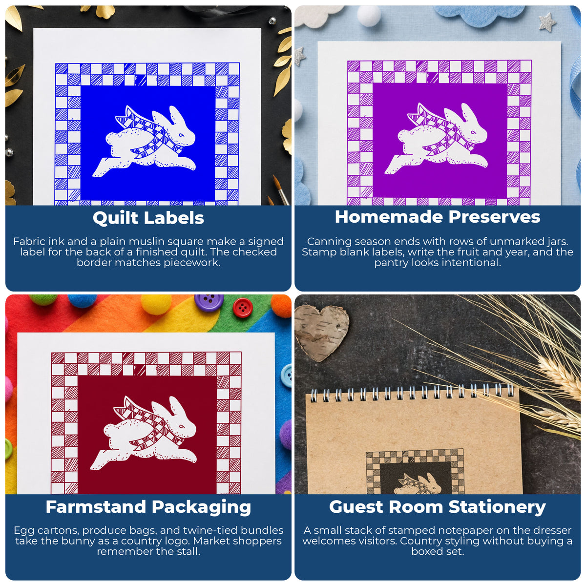 Rabbit with Checkered Border Rubber Stamp project ideas: Quilt Labels, Homemade Preserves, Farmstand Packaging and Guest Room Stationery.