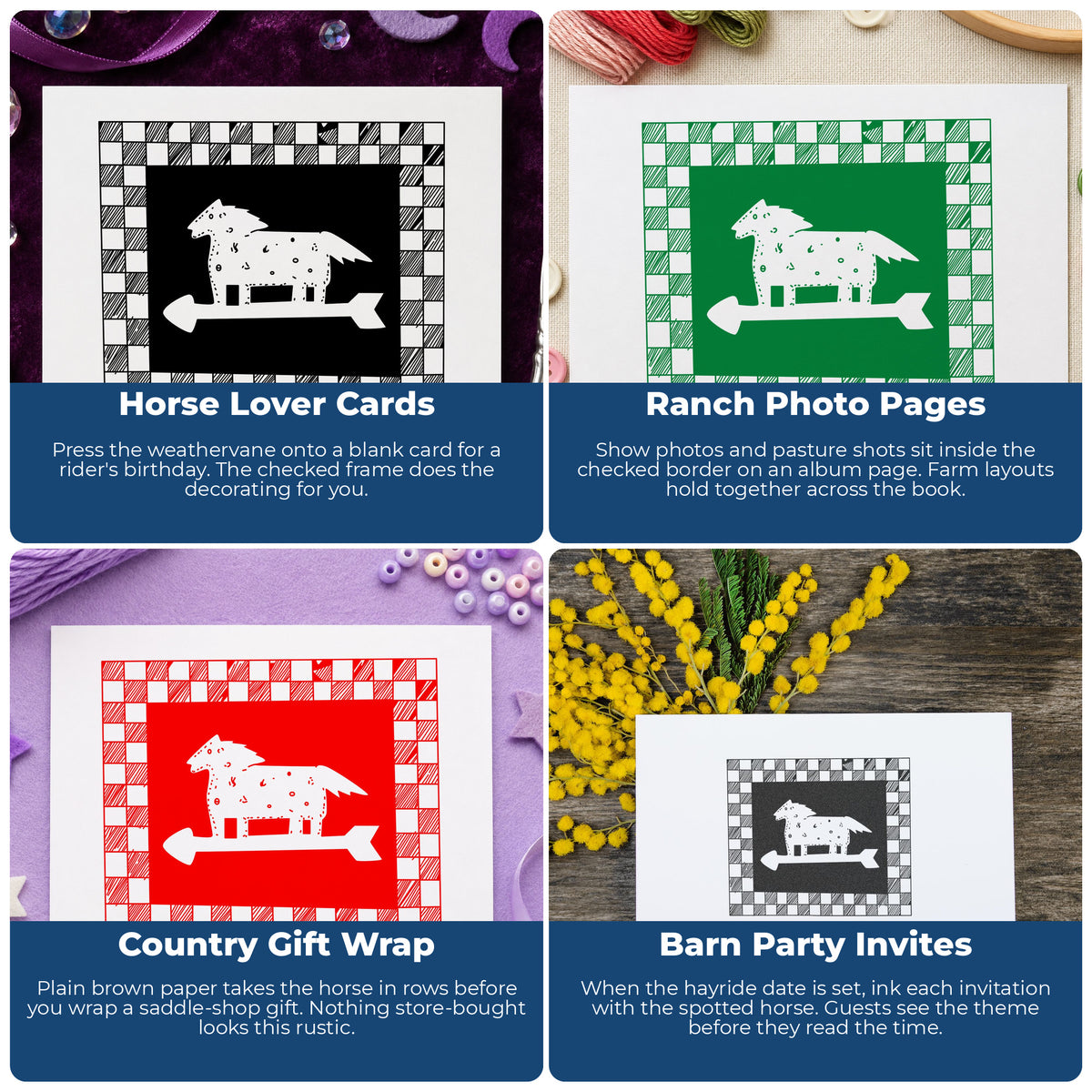 Horse Weathervane Rubber Stamp Checkered Border project ideas: Horse Lover Cards, Ranch Photo Pages, Country Gift Wrap and Barn Party Invites.