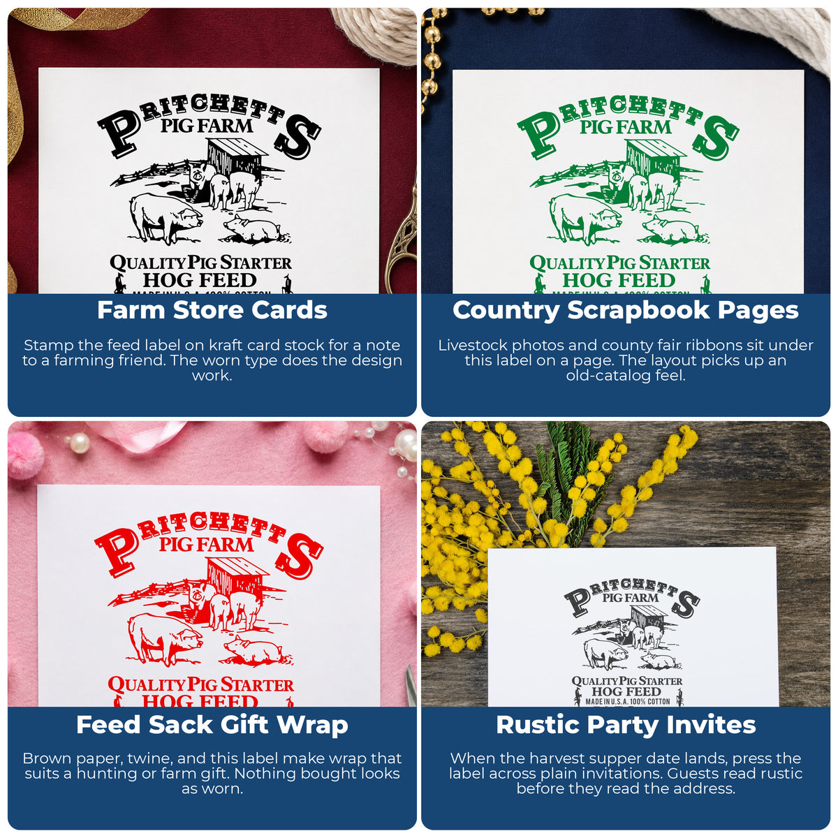 Hog Feed Label Rubber Stamp project ideas: Farm Store Cards, Country Scrapbook Pages, Feed Sack Gift Wrap and Rustic Party Invites.