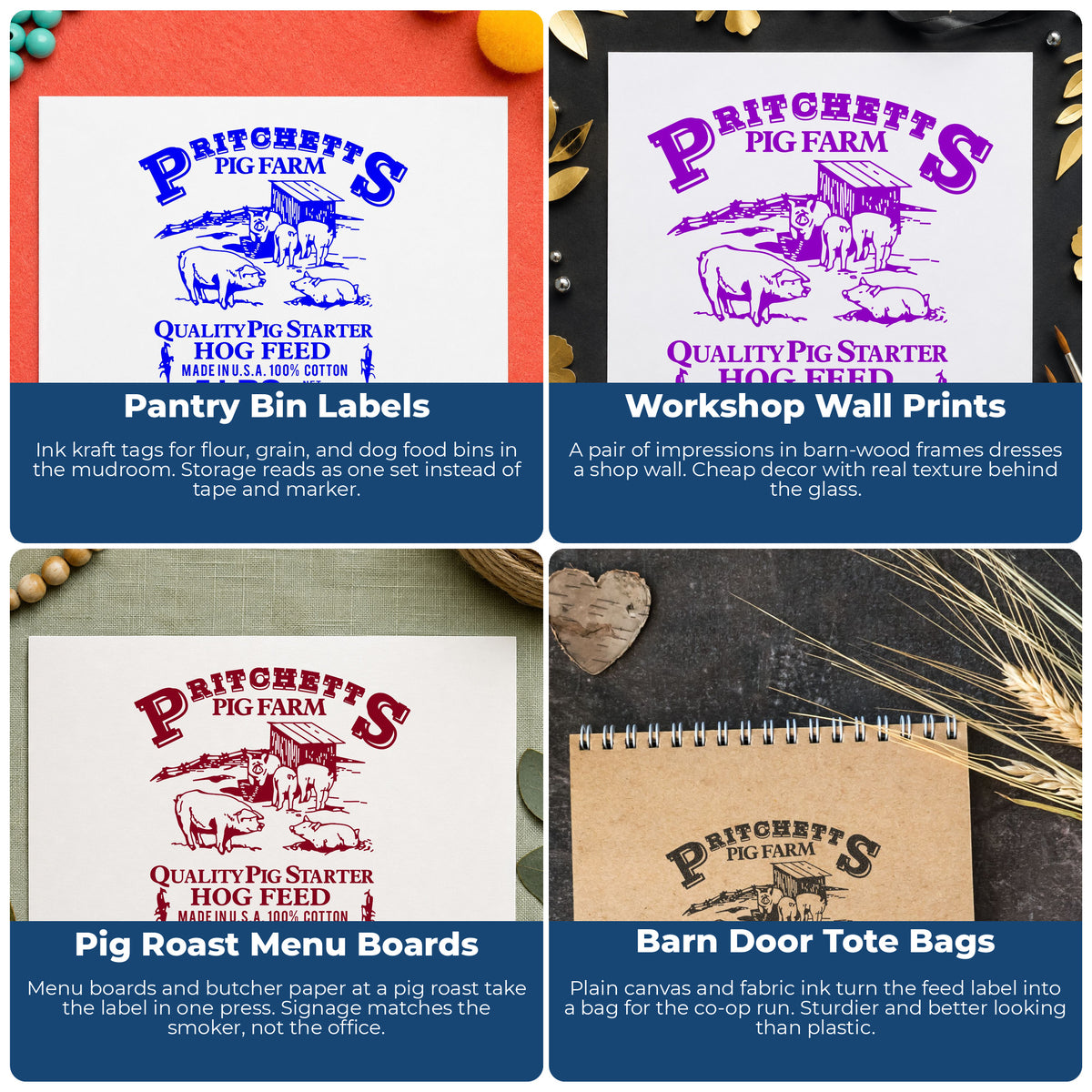 Hog Feed Label Rubber Stamp project ideas: Pantry Bin Labels, Workshop Wall Prints, Pig Roast Menu Boards and Barn Door Tote Bags.