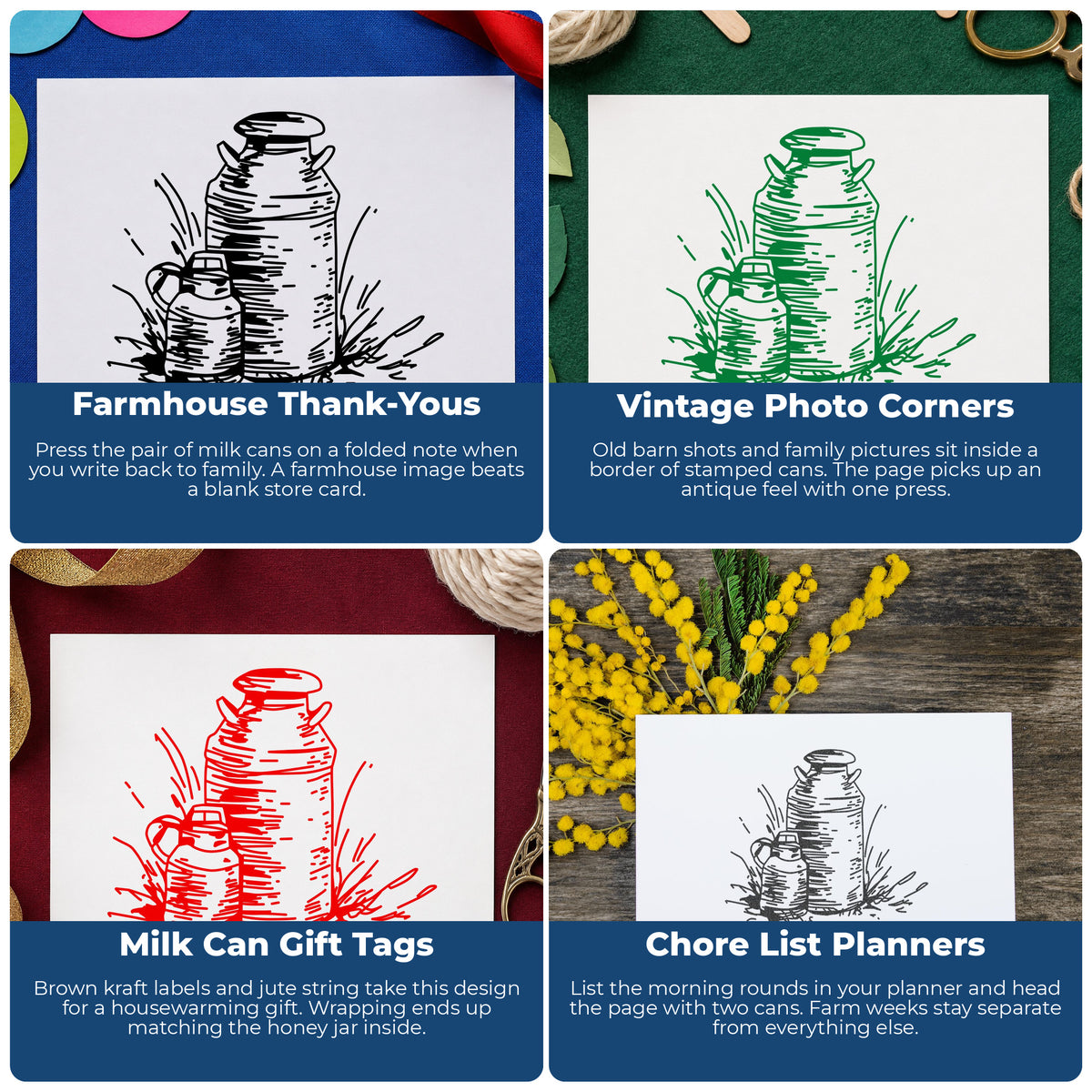 Two Milk Cans Rubber Stamp project ideas: Farmhouse Thank-Yous, Vintage Photo Corners, Milk Can Gift Tags and Chore List Planners.