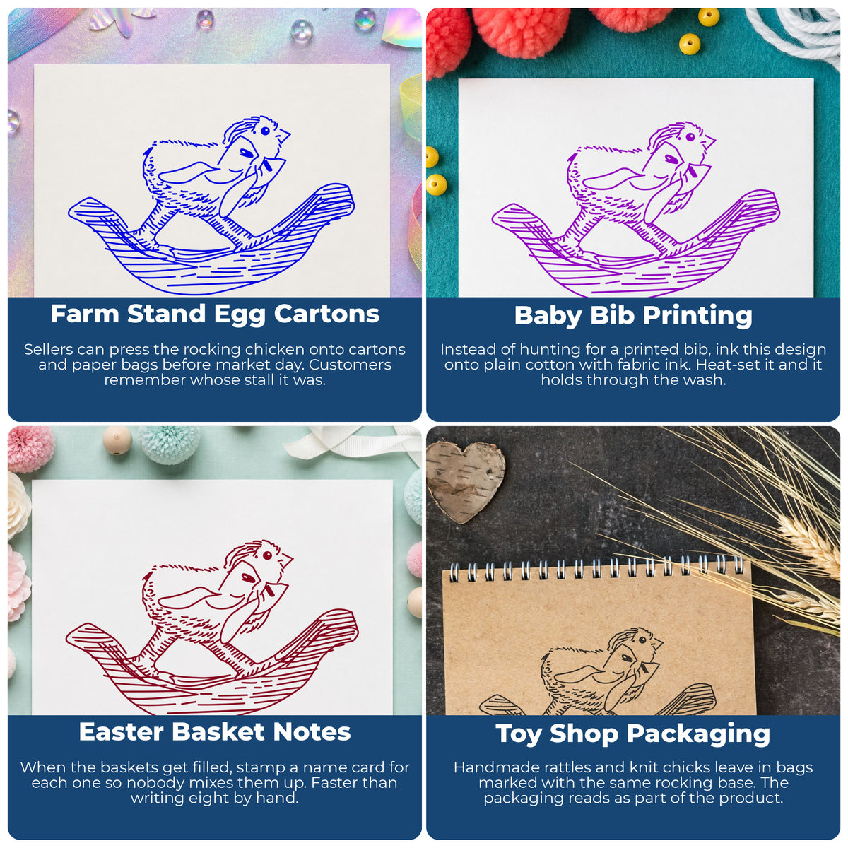 Rocking Chicken with Bow Rubber Stamp project ideas: Farm Stand Egg Cartons, Baby Bib Printing, Easter Basket Notes and Toy Shop Packaging.