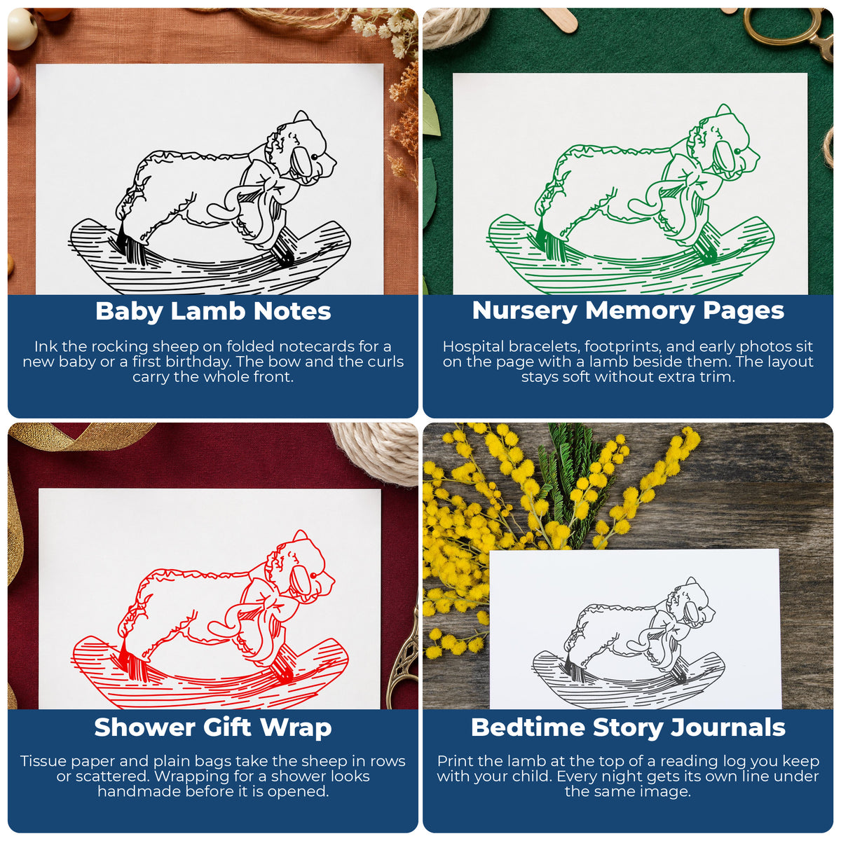 Rocking Sheep Rubber Stamp project ideas: Baby Lamb Notes, Nursery Memory Pages, Shower Gift Wrap and Bedtime Story Journals.