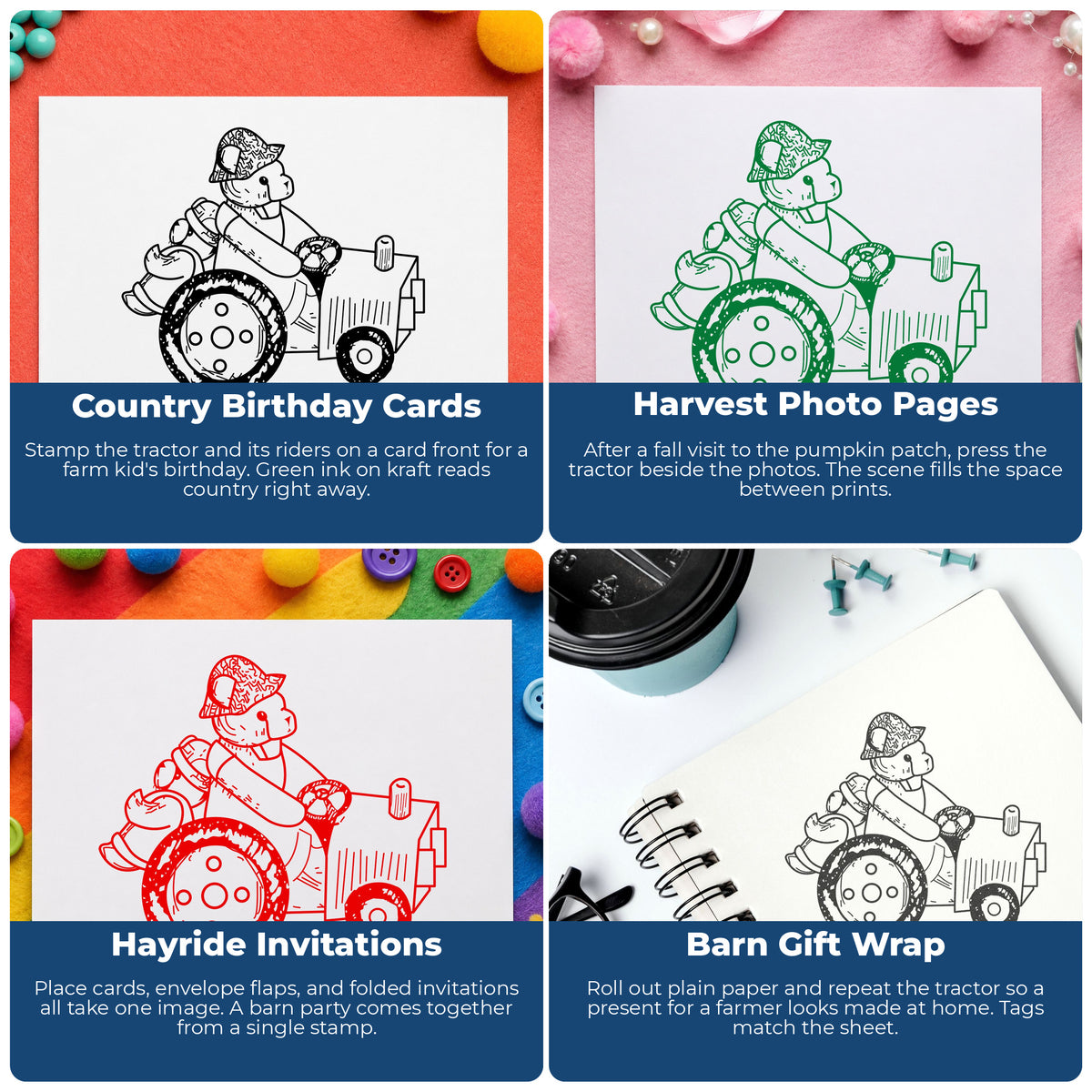 Two Bears on a Tractor Rubber Stamp project ideas: Country Birthday Cards, Harvest Photo Pages, Hayride Invitations and Barn Gift Wrap.