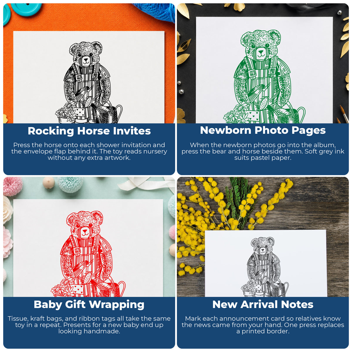 Teddy Bear Riding Rocking Horse Rubber Stamp project ideas: Rocking Horse Invites, Newborn Photo Pages, Baby Gift Wrapping and New Arrival Notes.