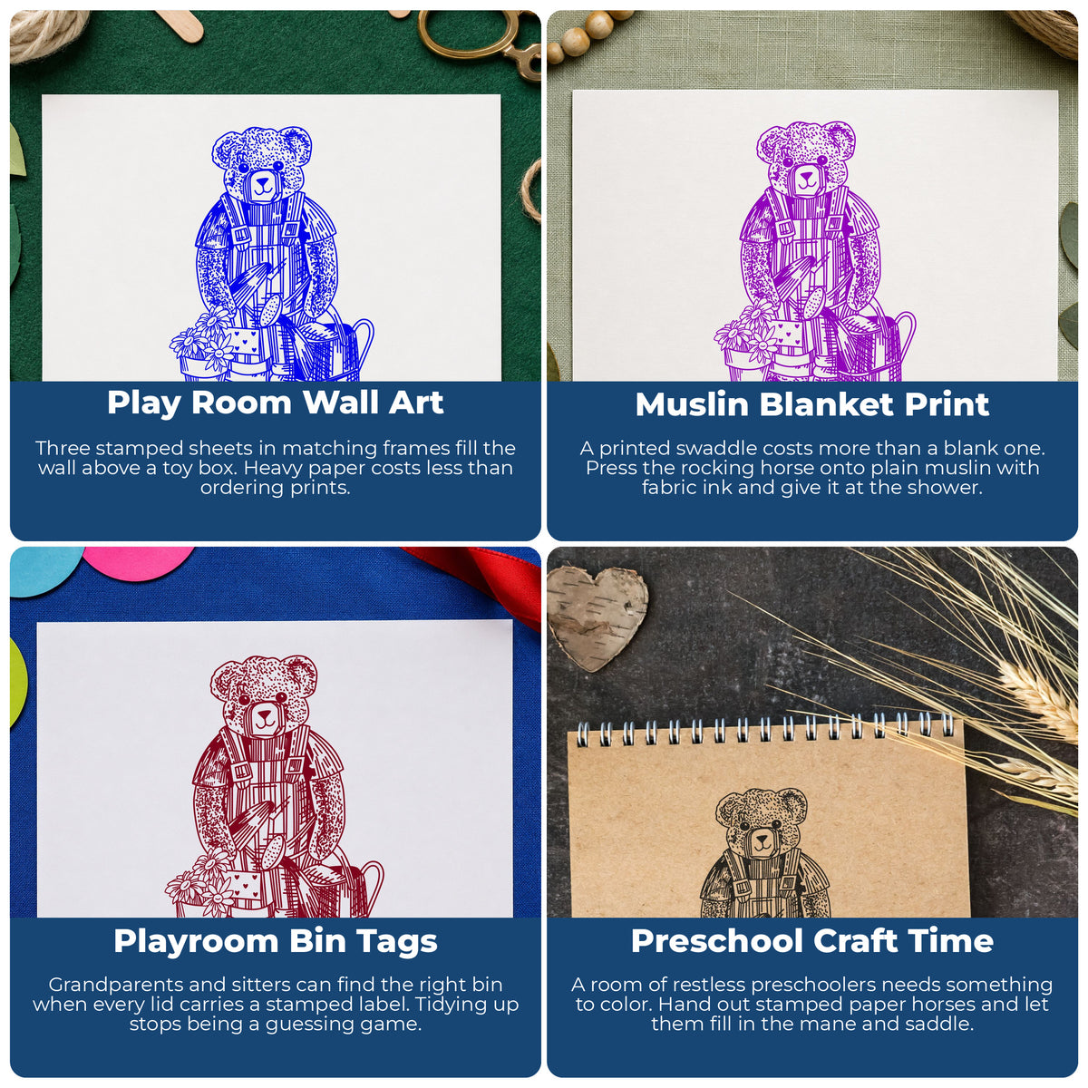 Teddy Bear Riding Rocking Horse Rubber Stamp project ideas: Play Room Wall Art, Muslin Blanket Print, Playroom Bin Tags and Preschool Craft Time.