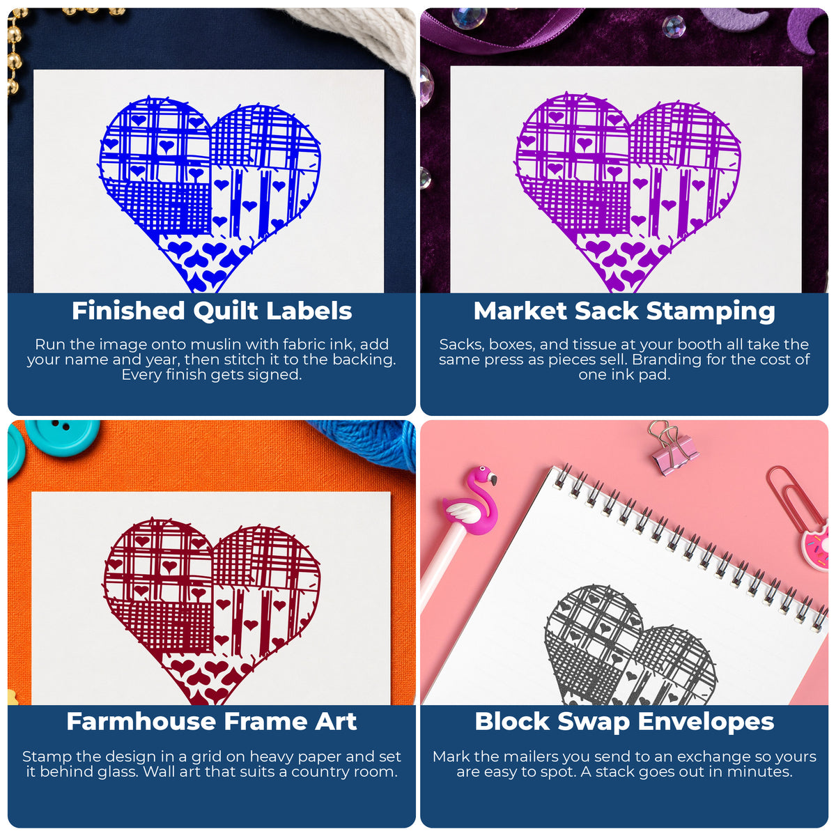 Patchwork Country Heart Rubber Stamp project ideas: Finished Quilt Labels, Market Sack Stamping, Farmhouse Frame Art and Block Swap Envelopes.