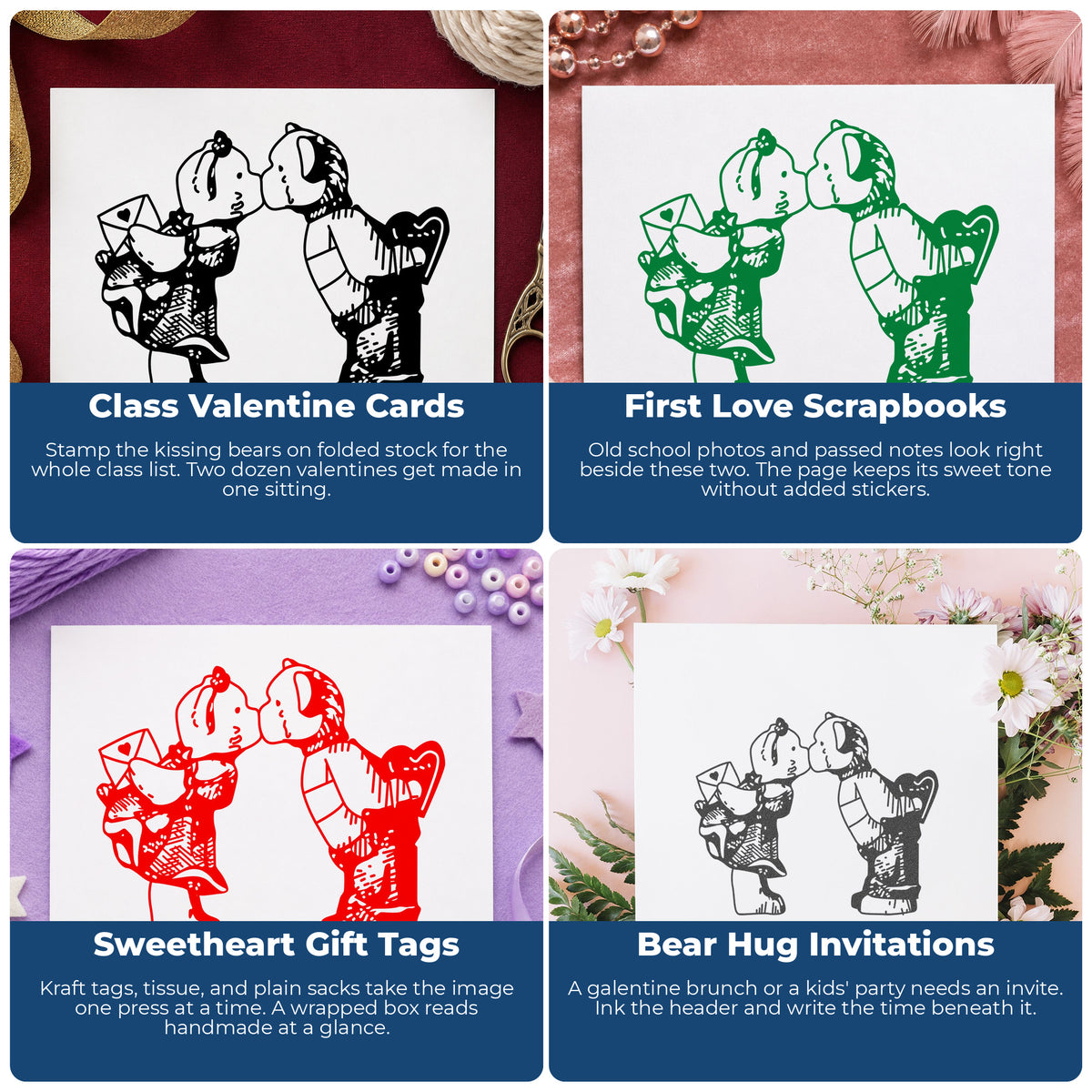 Bears Sharing a Valentine Kiss Rubber Stamp project ideas: Class Valentine Cards, First Love Scrapbooks, Sweetheart Gift Tags and Bear Hug Invitations.