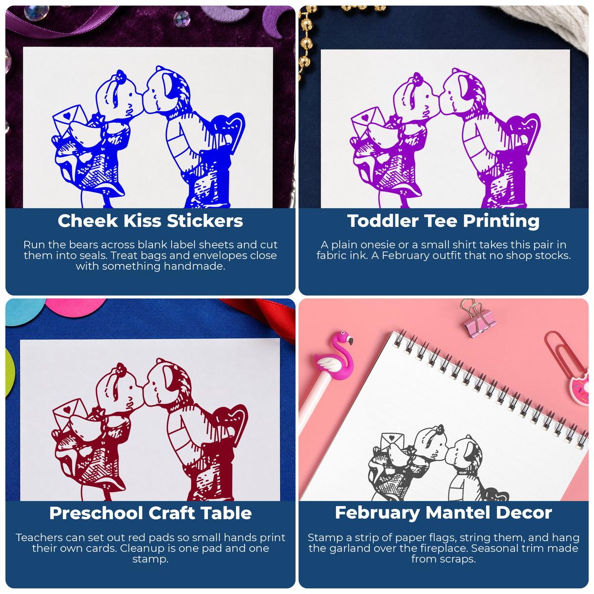 Bears Sharing a Valentine Kiss Rubber Stamp project ideas: Cheek Kiss Stickers, Toddler Tee Printing, Preschool Craft Table and February Mantel Decor.