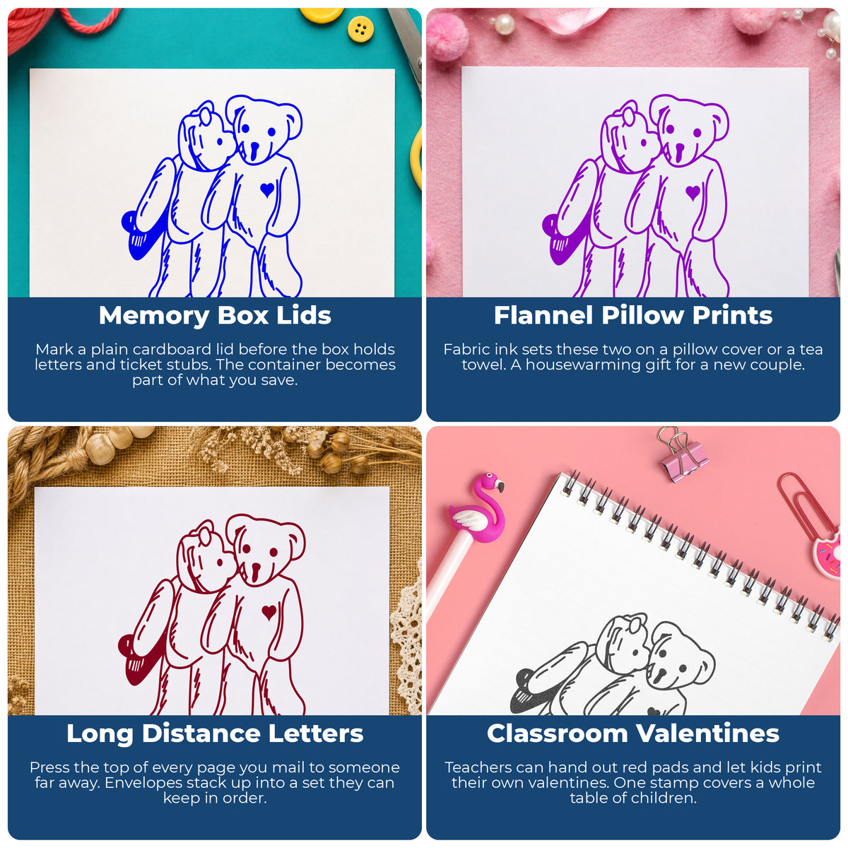 Kissing Bears with Hidden Valentines Rubber Stamp project ideas: Memory Box Lids, Flannel Pillow Prints, Long Distance Letters and Classroom Valentines.