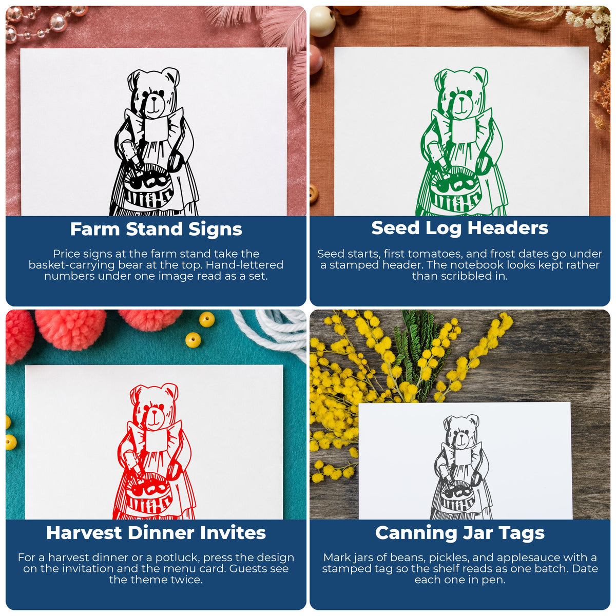 Country Bear with Produce Basket Rubber Stamp project ideas: Farm Stand Signs, Seed Log Headers, Harvest Dinner Invites and Canning Jar Tags.