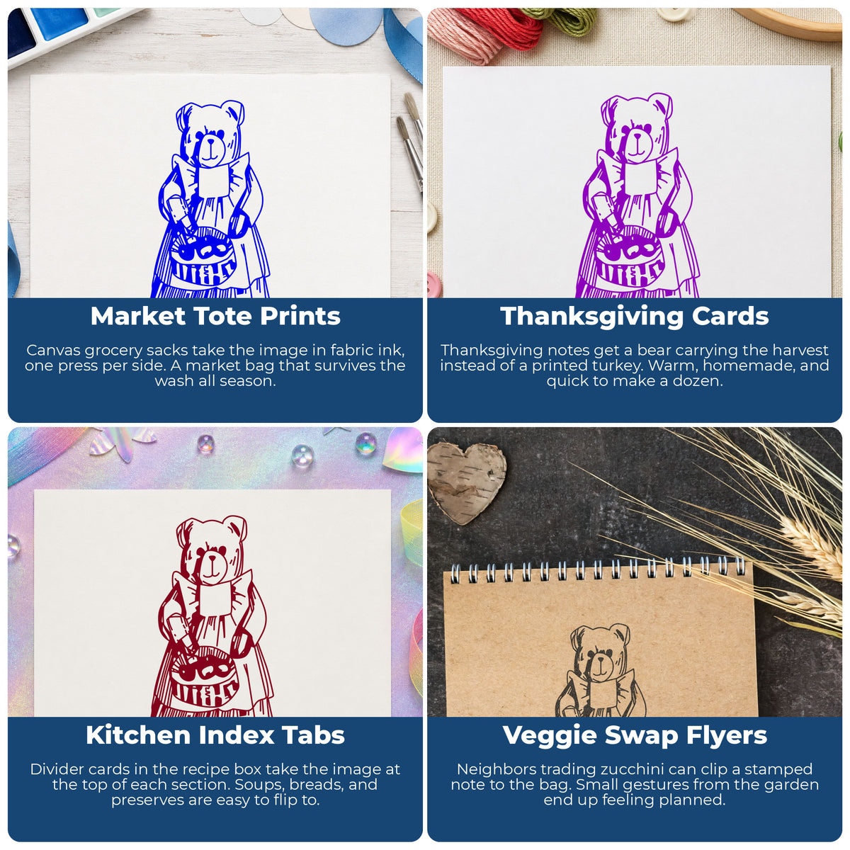 Country Bear with Produce Basket Rubber Stamp project ideas: Market Tote Prints, Thanksgiving Cards, Kitchen Index Tabs and Veggie Swap Flyers.