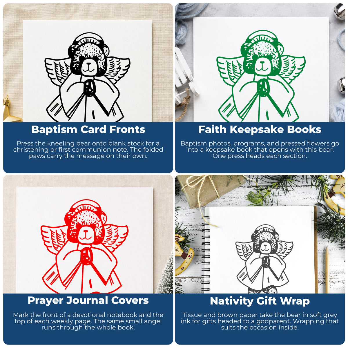 Praying Angel Bear Rubber Stamp project ideas: Baptism Card Fronts, Faith Keepsake Books, Prayer Journal Covers and Nativity Gift Wrap.