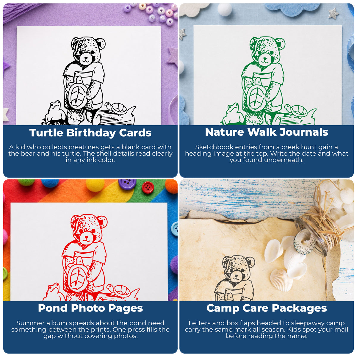 Bear with Turtles Rubber Stamp project ideas: Turtle Birthday Cards, Nature Walk Journals, Pond Photo Pages and Camp Care Packages.