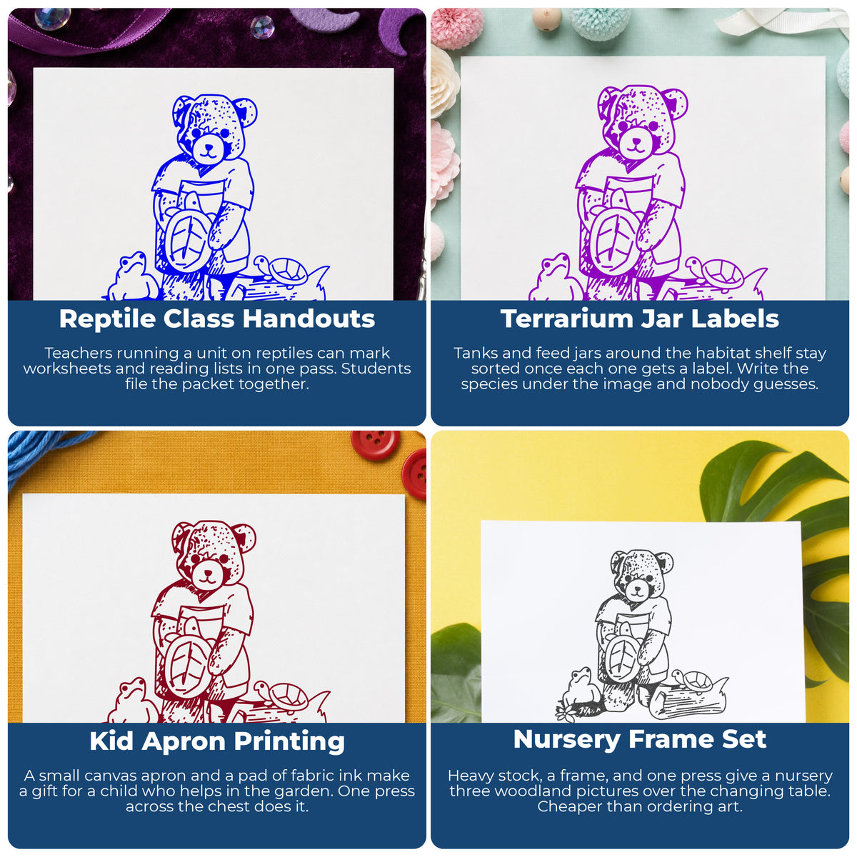 Bear with Turtles Rubber Stamp project ideas: Reptile Class Handouts, Terrarium Jar Labels, Kid Apron Printing and Nursery Frame Set.
