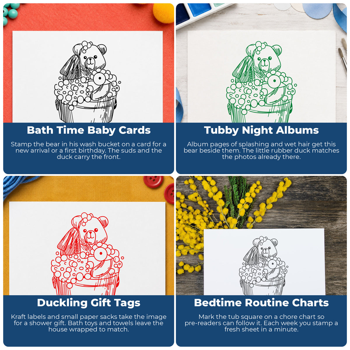 Bathing Bear with Duck Rubber Stamp project ideas: Bath Time Baby Cards, Tubby Night Albums, Duckling Gift Tags and Bedtime Routine Charts.
