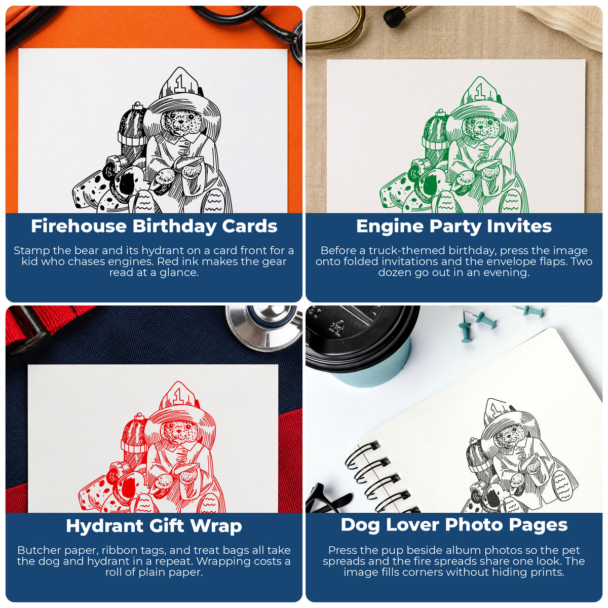 Firefighter Bear with Dog and Hydrant Rubber Stamp project ideas: Firehouse Birthday Cards, Engine Party Invites, Hydrant Gift Wrap and Dog Lover Photo Pages.