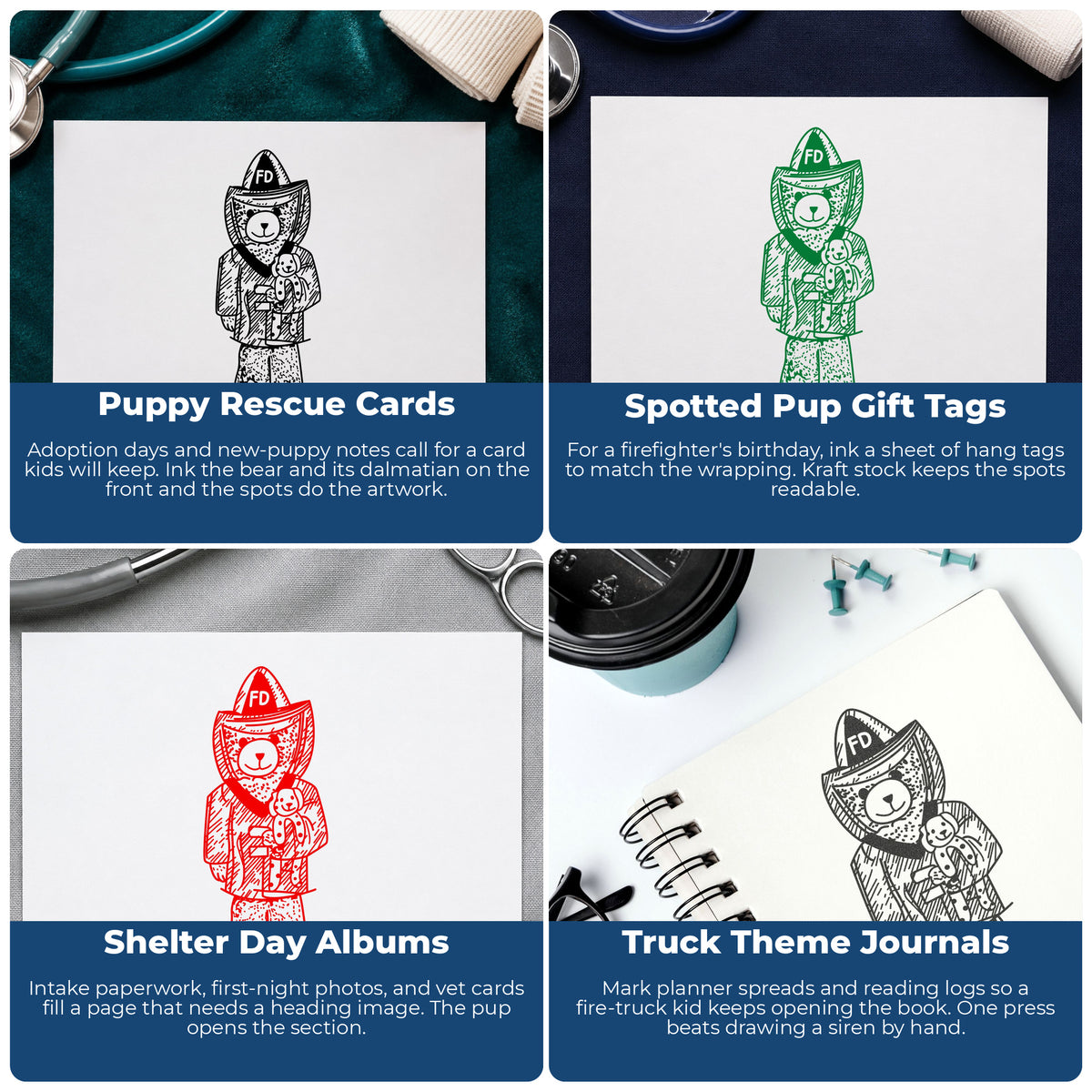 Firefighter Bear Holding Dalmatian Rubber Stamp project ideas: Puppy Rescue Cards, Spotted Pup Gift Tags, Shelter Day Albums and Truck Theme Journals.