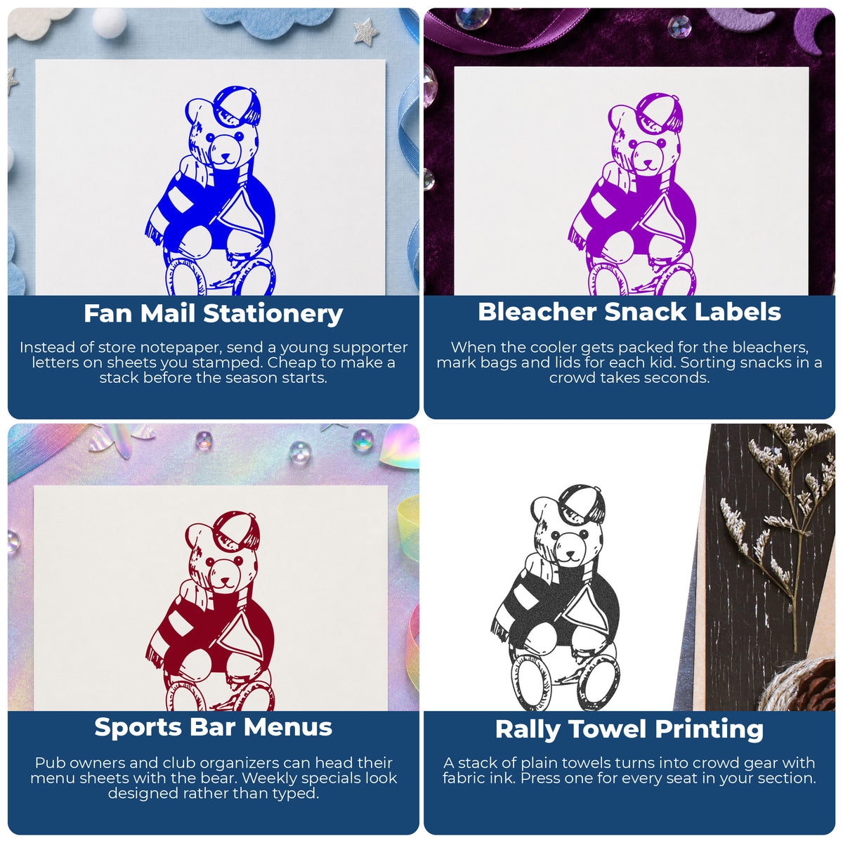 Sports Fan Bear with Pennant Rubber Stamp project ideas: Fan Mail Stationery, Bleacher Snack Labels, Sports Bar Menus and Rally Towel Printing.