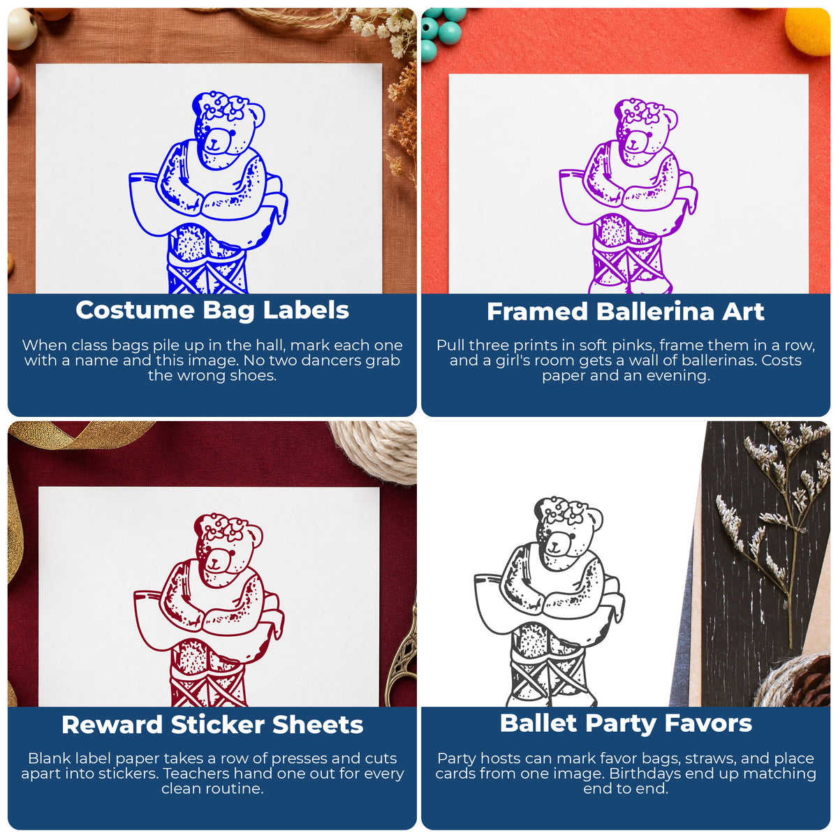 Ballet Bear in Tutu Rubber Stamp project ideas: Costume Bag Labels, Framed Ballerina Art, Reward Sticker Sheets and Ballet Party Favors.