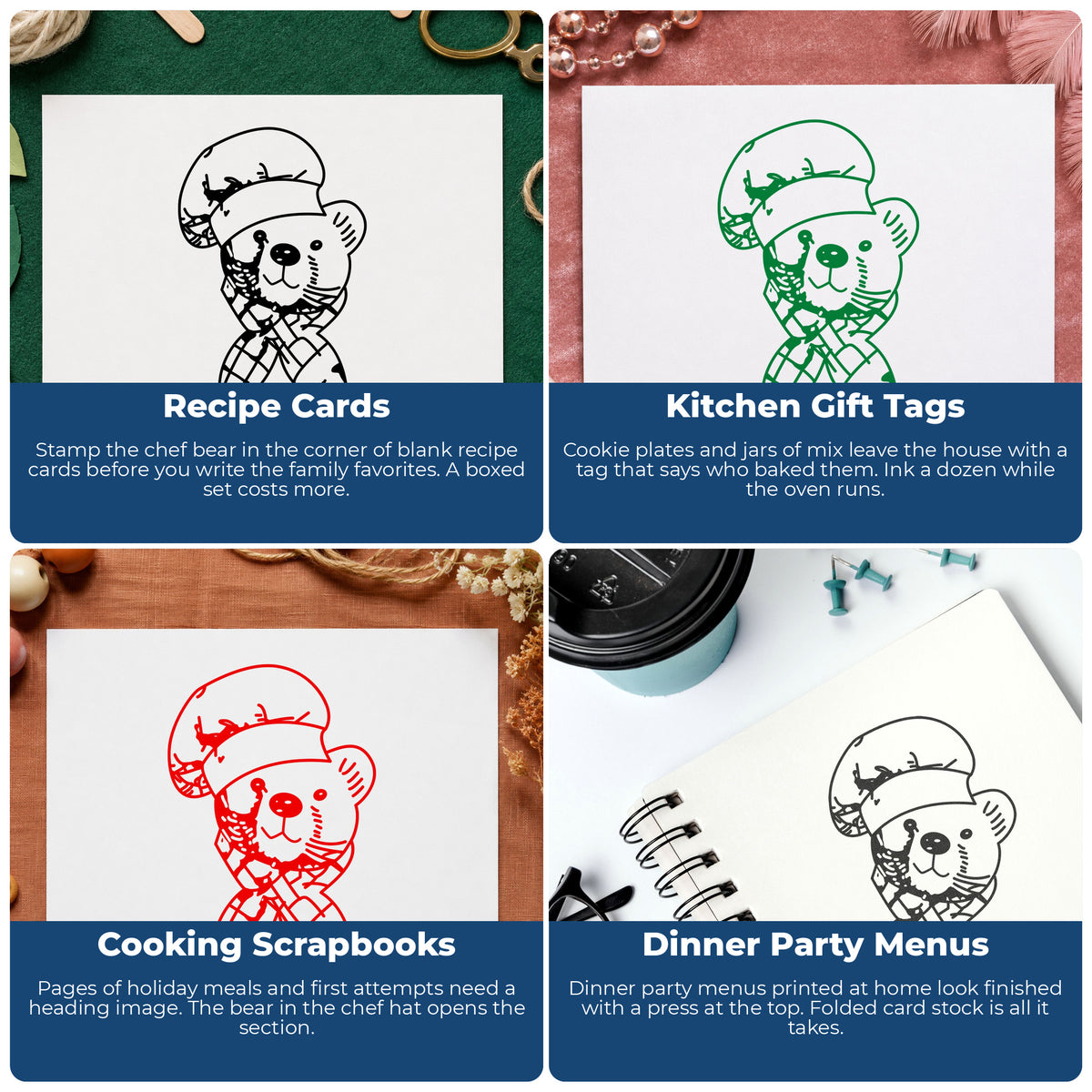 Chef Bear Portrait Rubber Stamp project ideas: Recipe Cards, Kitchen Gift Tags, Cooking Scrapbooks and Dinner Party Menus.